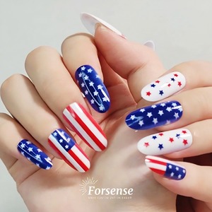 24 pcs independencia american faux ongles avec colle cinq étoiles presse sur les ongles non toxique personnalisé acrylique long faux ongles fournisseur - Product Image 2