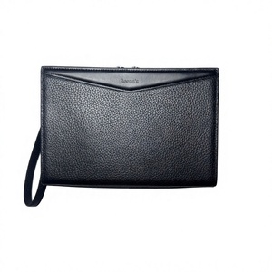 Portefeuille-pochette noir en cuir véritable, étanche, avec fermeture éclair et dragonne, forme allongée, idéal pour le bureau, les voyages et le quotidien - Product Image 1