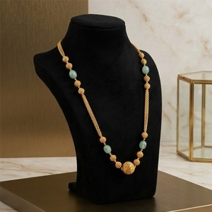 925 Silver Antique Double Chain <b>Mala</b> <b>Necklace</b> with Green Stone Beads Traditional Long Chain Jewelry for Women - Product Image 4