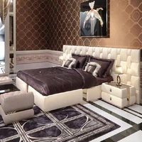 Lit de Luxe Moderne Royal King Size avec Rangement, Cadre en Cuir Italien, Pieds en Acier Inoxydable Doré, Chêne Massif pour Chambre à Coucher