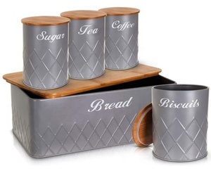 <span class=keywords><strong>Grey</strong></span> lưu trữ nhà bếp <span class=keywords><strong>Canister</strong></span> Bộ 5 cái tin Jar với nắp tre cho trà cà phê người uống - Product Image 2