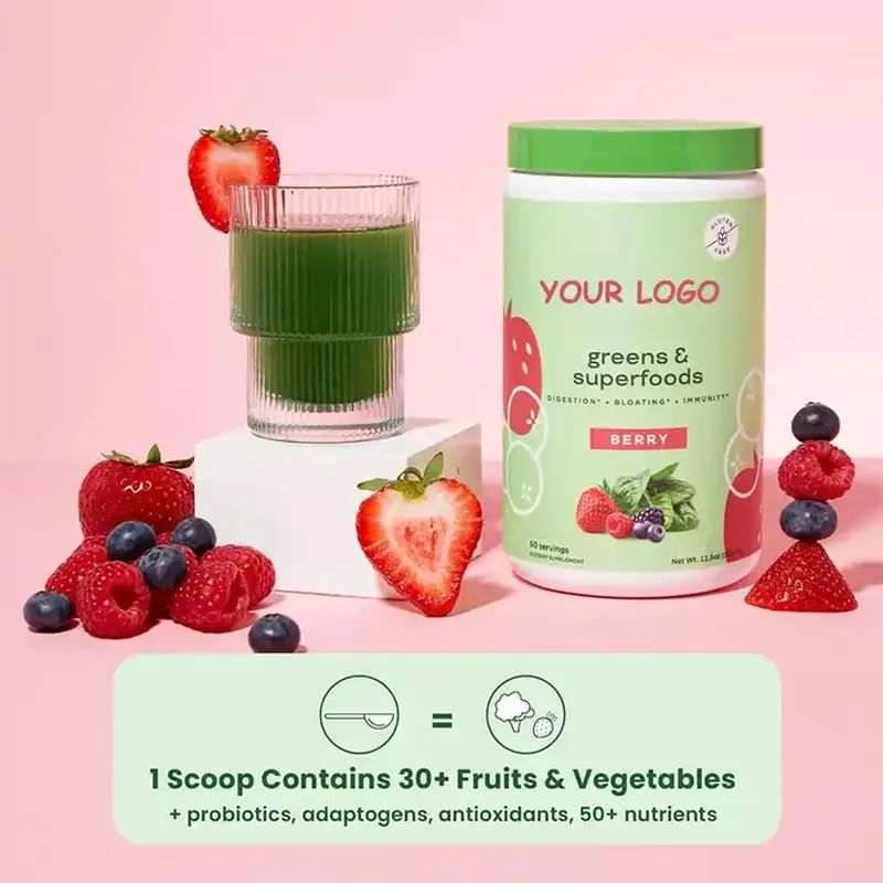 Bubuk Super hijau Label pribadi Multivitamin campuran jumlah besar lengkap seluruh makanan Adaptogen Vitamin Mineral Superfood hijau