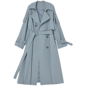 2025 primavera e autunno nuovo tipo antirughe drappeggio blu <span class=keywords><strong>trench</strong></span> cappotto da <span class=keywords><strong>donna</strong></span> con cinturino in vita di media lunghezza - Product Image 5