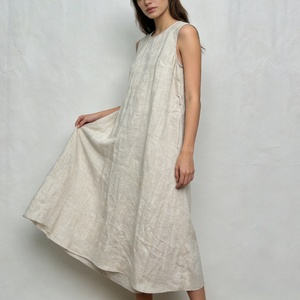 Robe d'été formelle ample beige en lin sans manches pour <span class=keywords><strong>femme</strong></span>, longueur genou, imprimé numérique uni, taille naturelle, ourlet plissé - Product Image 2