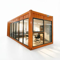 Maisonnette Apple en acier ondulé orange, conteneur habitable avec mur entièrement vitré, double porte, mobilée pour bureau et espace de vie