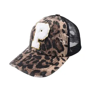 2024 Wholesale Leopard Print 26 Letter Mesh Baseball Cap 6 Panel Chenille Patch Hats For Women