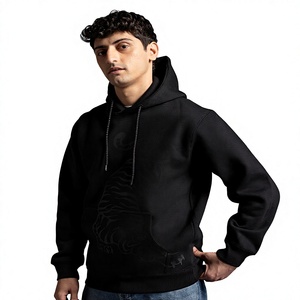 Sudadera con Capucha Negra para Hombre, Estampado de Tigre en Relieve, Tejido Informal, Corte Regular, para Otoño - Product Image 3