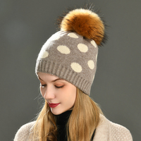Bonnet d'hiver de luxe extensible à double couche, vente en gros, pompon en vraie fourrure, bonnet unisexe en laine à pois communs, bonnet personnalisé en vrac pour l'extérieur