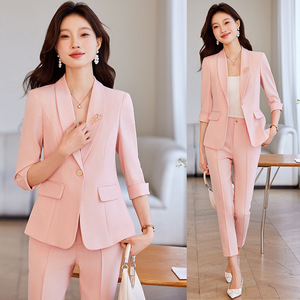 Women's Pink Suit Set Three Quarter Sleeve Breathable Summer Casual Wear - Product Image 1