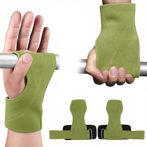 Green Cowhide Wrist Wraps Fingerless Gym Support Gloves Hook and Loop Closure for <b>Weight</b> <b>Lifting</b> Training - Product Image 1