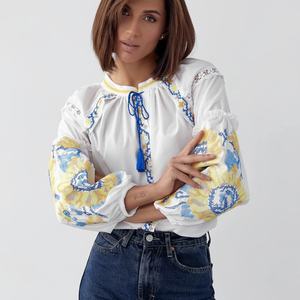 Vestido ucraniano bordado floral para mujer, manga larga hasta el suelo, ropa de fiesta de encaje con cinturón Natural, estilo elegante - Product Image 1