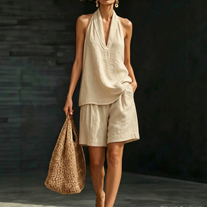 Women's Casual <b>Linen</b> Suit <b>Set</b> V-Neck Top Wide Leg Pants Solid Color SMLXLXXL3XL4XL5XL Europe America Style - Product Image 3