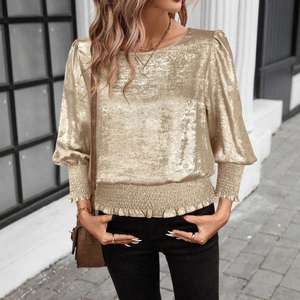 Nouveau T-shirt pull-over élastique à col ras du cou et ourlet doré en polyester pour femme, style streetwear, manches trois-quarts, collection hiver 2026 - Product Image 4