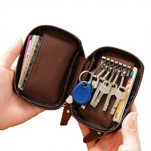 Porte-cartes vintage en cuir véritable Crazy Horse avec blocage RFID, fermeture éclair, motif géométrique tendance, grande capacité, porte-clés - Product Image 2