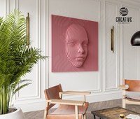 Panneau mural artisanal en bois massif gravé, motif visage ondulé, style art populaire, couleur personnalisable, matériau naturel, objet de collection, marque ML