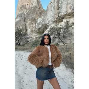 เสื้อโค้ทขนสัตว์สีแทน แต่งขนแกะเทียมลายพิมพ์  ไซส์ใหญ่  ยาว  ผ่านกระบวนการย้อมสี - Product Image 2