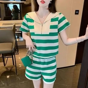 Women's Striped Sailor Collar Short Sleeve T-Shirt And Shorts Set Green White Knitted Casual Suit 2025 Summer New Style - Product Image 1