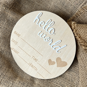 Targa in Legno Incisa Moderna 'Hello World' per Annuncio Nascita, Carta per Traguardi del Bambino - Product Image 2