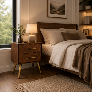 Wooden Nightstand 2 Drawer <b>Bedside</b> <b>Table</b> Modern Chevron Pattern OEM ODM Custom Supplier Direct Supply Bedroom Furniture - Product Image 1