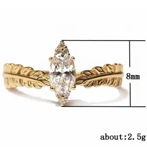 แหวนวินเทจ14K ทองแดงชุบออกแบบที่ไม่ซ้ำกันแหวนใบออกแบบลูกบาศก์เซอร์โคเนียปรับ INS แหวนขี้ขลาด