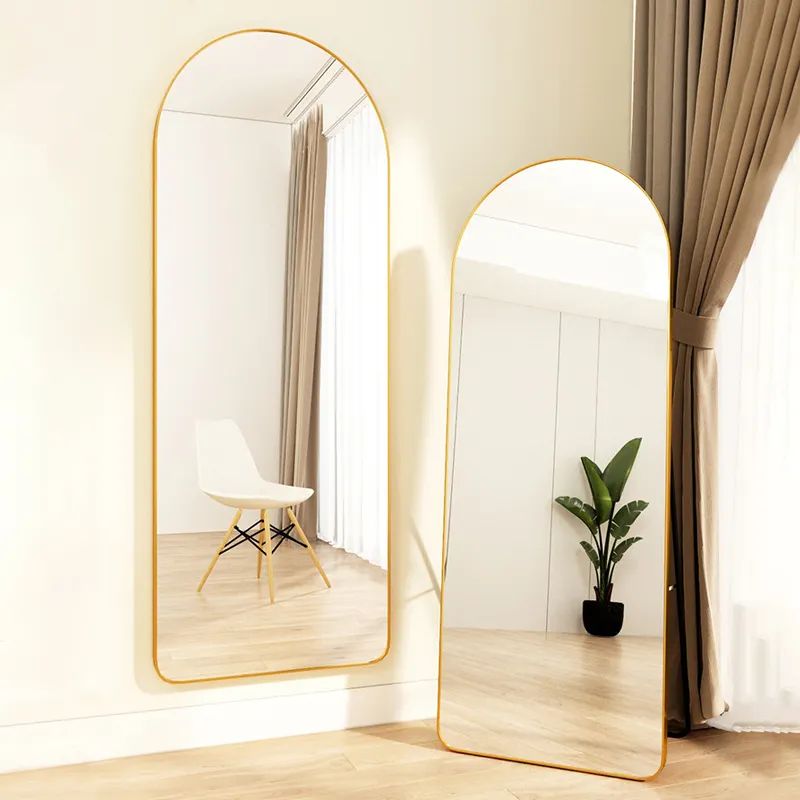 Espejo arqueado con marco luminoso para pared, espejo de longitud completa para revestimiento de suelo de fábrica
