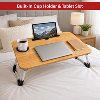 Bureau d'ordinateur portable pliable avec porte-gobelet et emplacement pour tablette - Table de lit/plateau de canapé portable en bois avec pieds en métal pour la maison et le bureau