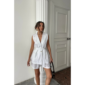 Ensemble short et gilet de sport 100 % lin pour femme, blanc, coupe ample, longueur au-dessus du genou, motif uni avec logo, pour l'automne et la maison - Product Image 3