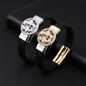 Handcrafted Genuine <b>Leather</b> <b>Bracelet</b> With PVD Gold Stainless Steel Magnetic Clasp & Rotatable Cubic Zirconia Fleur De Lis Charm - Product Image 2
