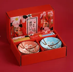 Cherry blos-vajilla de cerámica de cuatro piezas con caja de regalo, dos cuencos y dos pares de palillos japoneses sin glasear, azul y blanco