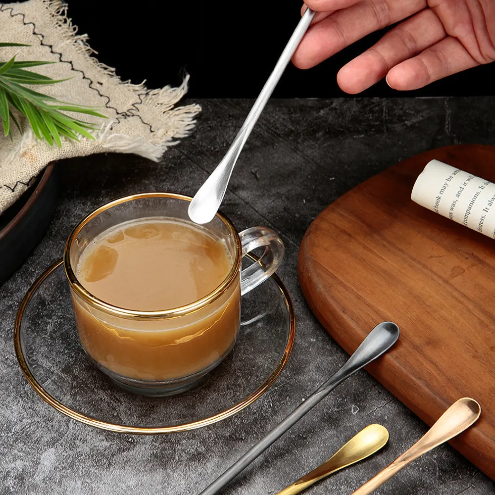 Customized luxury silver golden Long Handle Cafes Metal Stainless Steel Tea Coffee Cup Gold Spoon