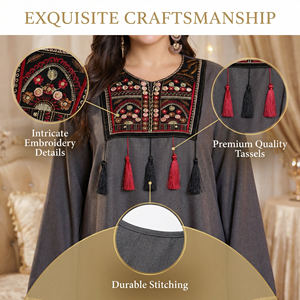 Vestido largo islámico bordado en color carbón con detalle de borlas - Product Image 3