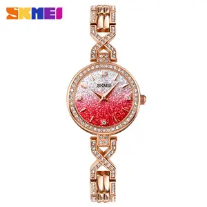 SKMEI 2001 hermoso reloj de cuarzo de oro rosa para mujer banda de acero resistente al agua luminoso helado Kit de reloj de ocio