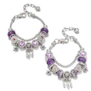 Purple European Crystal Beads with Dream Catcher Hexagram Pendant Charm Bracelet for Women Girls Jewelry