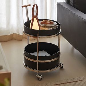 Modern Minimalist <b>Bar</b> Cart Mocha Brown Leather 2 Tier Stainless Steel Mobile Sofa Side <b>Table</b> Trendy Instagram Style - Product Image 2