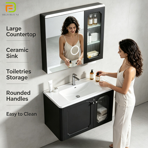 Mueble de <span class=keywords><strong>Baño</strong></span> de PVC para Montar en la Pared, con Lavabo de Cerámica Integrado, Espejo con Luz LED Antivaho, para Proyectos de Hoteles y Apartamentos - Product Image 4