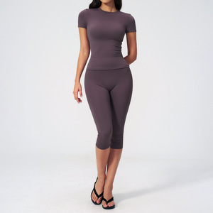 Conjunto Deportivo de <span class=keywords><strong>Yoga</strong></span> para <span class=keywords><strong>Mujer</strong></span>, Top Ajustado de Manga Corta y Leggings de Cintura Alta de Secado Rápido, Conjunto Deportivo de Secado Rápido - Product Image 4