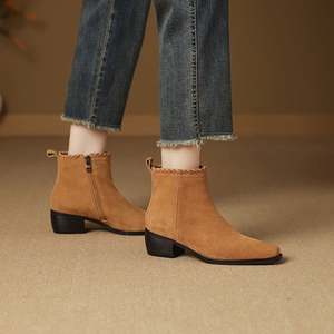 Bottines courtes pour femmes Cialisa en <span class=keywords><strong>daim</strong></span> de vache vintage, hiver 2025, haute qualité, bout carré, fermeture éclair, talons mi-hauts, bottines à la cheville, hauteur accrue - Product Image 2