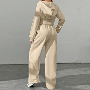 F240047 personnalisé 2025 vêtements femmes deux pièces sweat à capuche avec fermeture éclair pantalon évasé ensemble personnaliser survêtement avec logo femmes survêtement - Product Image 4