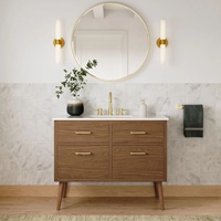 Meuble-lavabo de salle de bain de style moderne du milieu du siècle avec dessus en marbre, pieds coniques autoportants, grand tiroir de rangement et armoire en bois massif