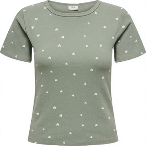Camiseta de algodón y elastano para mujer, cuello redondo profundo, estampada, ecológica, básica, de punto, con diseño de bordado personalizado, al por mayor - Product Image 1