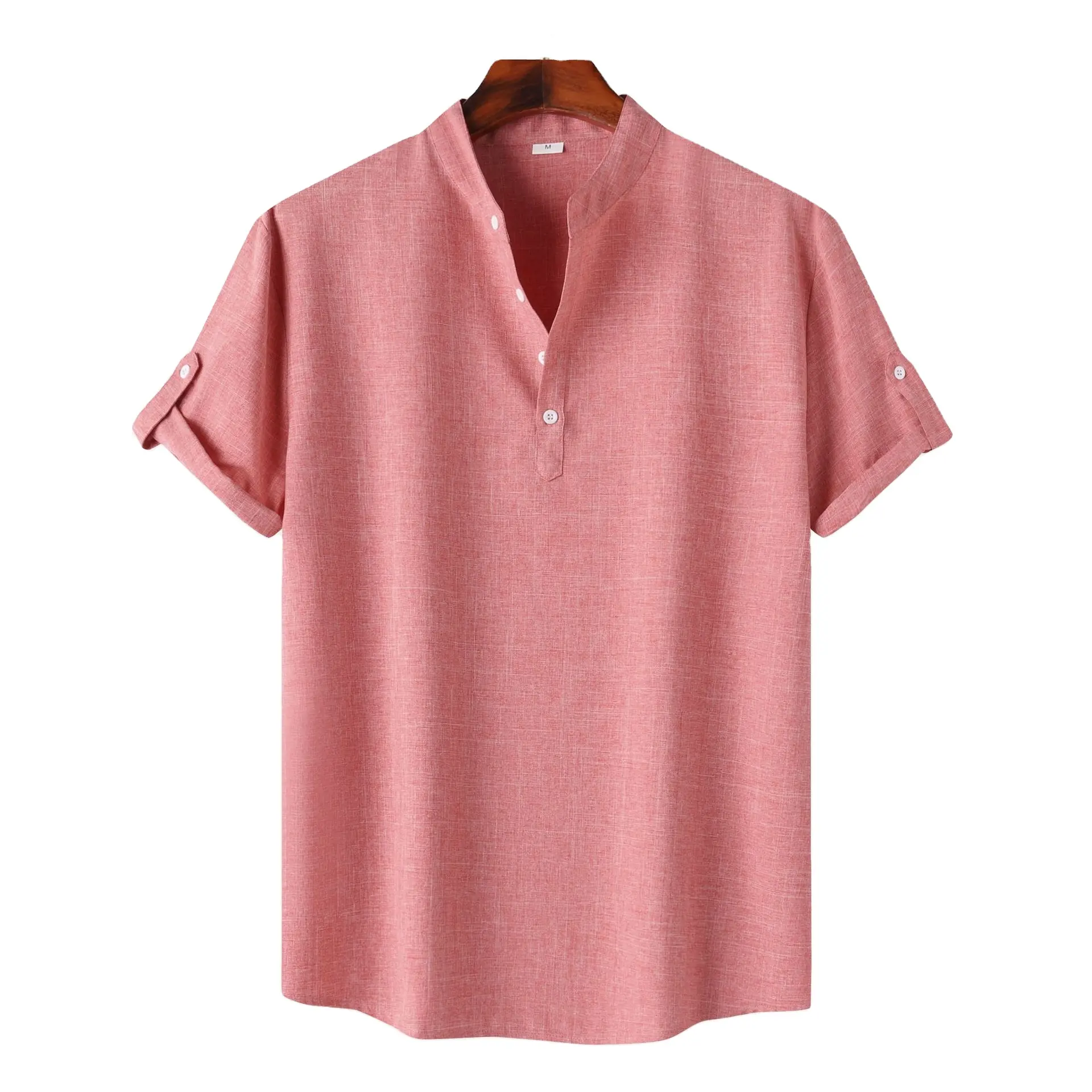 남자 반팔 셔츠 세련된 남성용 여름 셔츠 스탠드 칼라 커프스 단추 세부 슬림 핏 비즈니스 탑