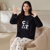 Ensemble de pyjamas pour femmes, doux et confortables, avec motif de chat, chemise à manches longues à col rond et pantalon imprimé, vêtements de nuit
