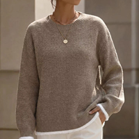 Pull en maille côtelée kaki pour femme, col rond, bordure contrastante en fourrure, manches longues, coupe ample