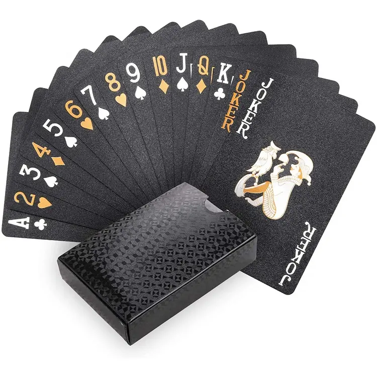 Cartas de juego personalizadas de color negro, cartas de póker <span class=keywords><strong>mágicas</strong></span> con caja de regalo, papel de aluminio dorado, impermeables