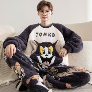 Conjunto de Pijama de Felpa Suave para <span class=keywords><strong>Hombre</strong></span>, Grueso y Cálido, de Felpa de Coral con Dibujos Animados, Ropa de Dormir Juvenil - Product Image 2