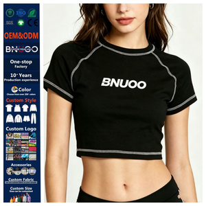 T-<span class=keywords><strong>shirt</strong></span> court personnalisé pour femme en coton et élasthanne noir avec surpiqûres contrastées, vêtements Y2K de haute qualité, crop top pour femme - Product Image 1