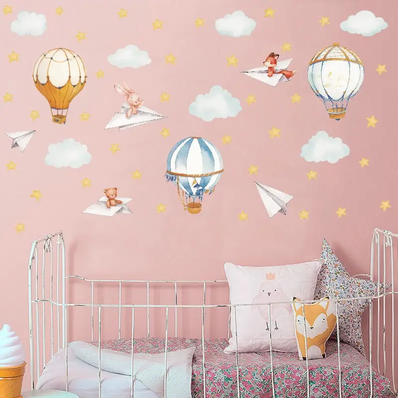 Aquarel Hot Air Balloon Muurtattoo Vliegtuig Wanddecoratie Cartoon Dier Muurstickers Voor Baby Kinderkamer