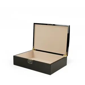 Black lacquer wooden gift packaging box metal sticker over luxury gift box With key wooden collection box