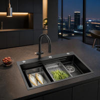 Évier de cuisine multifonctionnel personnalisable en acier inoxydable 304 avec revêtement nano PVD, grand bac unique et robinet extractible