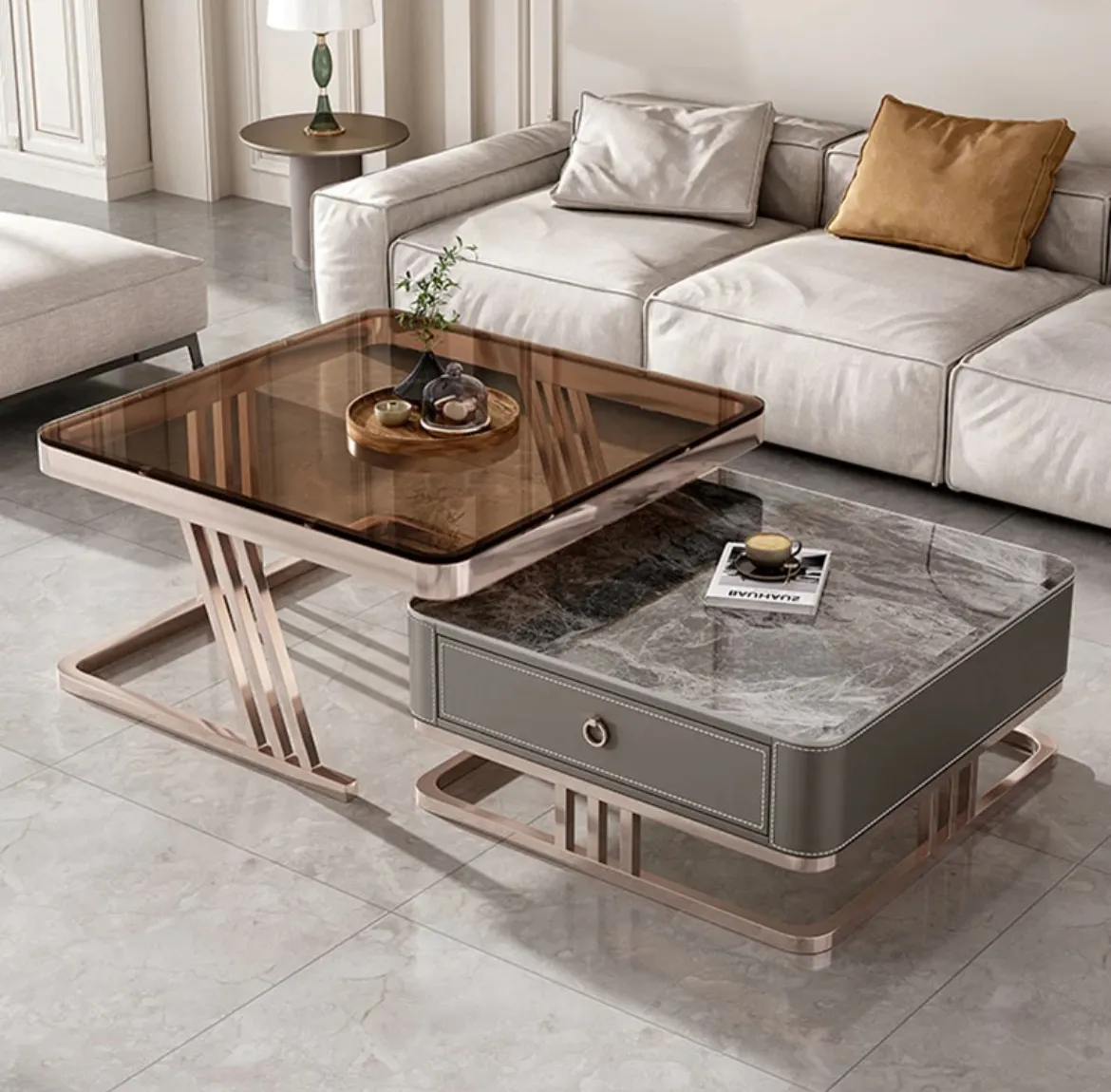 Italian light luxury minimalist Natural marble coffee table, modern living room solid wood combination side table set